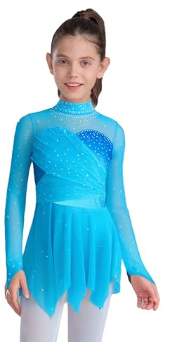 Freebily Vestito da Pattinaggio Artistico Bambina Abito da Balletto Ballo Lirico Contemporaneo Body Danza Classica Ballerina con Strass Costume da Ballo Latino Tango Azzurro 9-10 Anni