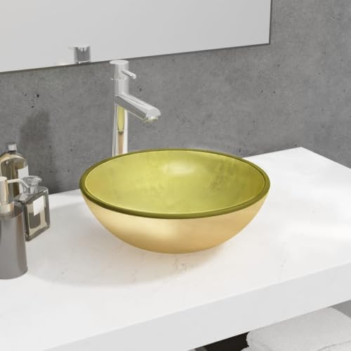 Lavabo moderno da appoggio, lavabo sospeso, in vetro temperato, 35 x 12 cm, dorato, per bagno e ospiti, design moderno, facile da mantenere