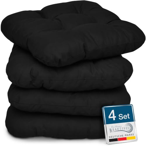 Beautissu 4er Set Sitzkissen Indoor & Outdoor mit Schaumstoff Füllung | 40x40cm Schwarz weiche robuste widerstandsfähige Sitzpolster 8cm für Außenbereich Kissen Stuhlkissen Garten Lisa