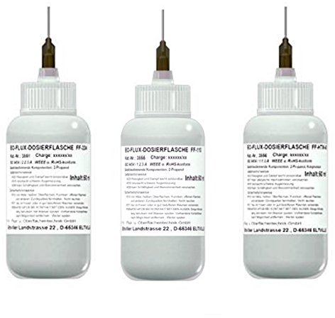 EO-Lötapotheke/Flussmittelapotheke Nr. 10 (1 x EO-Flux-Dosierflasche FF-4004 mit 50 ml Inhalt, 1 x EO-Flux-Dosierflasche FF-110 mit 50 ml Inhalt, 1 x EO-Flux-Dosierflasche FF-SSK-15 mit 50 ml Inhalt)
