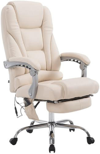 CLP Bürostuhl Pacific Kunstleder I Massage-Funktion I Ergonomisch, 360° Drehbar Mit Fußablage I Höhenverstellbar, Neigbare Rückenlehne, Farbe:Creme
