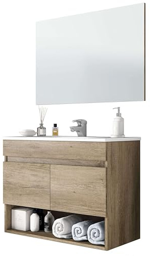 Miroytengo Mueble de Baño Suspendido con 2 Puertas y Espejo, Módulo Colgante con Lavabo PMMA Roble Nordik 80x64x45 cm