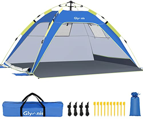 Glymnis Tienda de Playa, Refugio Playa para 3-4 Personas, Carpa Playa Hidráulica con Puerta de Cremallera, Ventanas Ventiladas, Protección UPF 50+, para Varar Parque Pescar