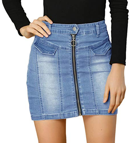 Allegra K Jupes en Jean pour Femme avec Fermeture éclair sur Le Devant et Taille Haute - Bleu - Taille S