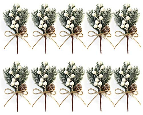 SUREH 10pcs White Christmas Berries Stems 5.9inch Small Artificial Pine Picks and Sprays Xmas Berry Picks with Pine Cones Holly Berry Christmas Flower Ornaments for Xmas Wreaths Home Vase Decor