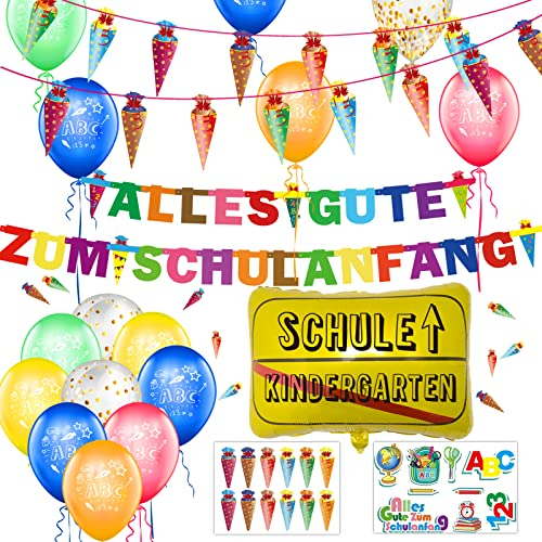 Einschulung Schuleinführung Schulanfang Deko Set, Girlande Alles Gute Zum Schulanfang + Zuckertüten Banner + 18 Luftballon mit ABC 123 Schultüte Motiv + Konfetti + Folienballon für Jungen Mädchen