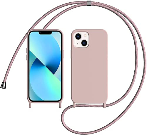 LIUKM Custodia Compatibile con iPhone 13 Mini, Custodia da Collo per Smartphone,Cover con Cordoncino da Indossare Cordino Laccio Morbido Silicone Necklace Bumper Case - Oro rosa