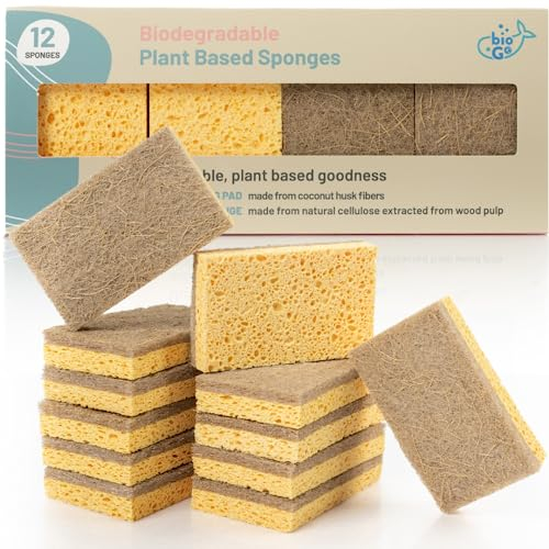 bioGo 12 Pack Biodegradable Kitchen Sponges - Eco-Friendly, Compostable, Natural Cellulose Dish Sponges - Biodegradable Sponges Washing Up - Reusable Washing Up Sponge - UK Brand