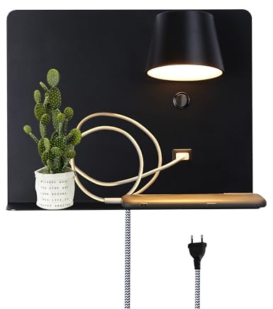SUNLLOK Moderne Lese LED Wandleuchte mit USB Ladeanschluss & Regalen – Verstellbar Warmweiß Flexibler Kopf Wandlampe – Innen Wandbeleuchtung Deko für Bad Wohnzimmer, Kinderzimmer (Schwarz, 3200 K)