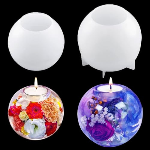 FineInno 2 Stück Kerzenhalter Silikonform Epoxidharz, Kugel Teelichthalter Gießformen, Candle Holder Resin Molds, Kerzenständer Epoxidharz Formen für DIY Dekoration (2 Pcs Sphere Mold)