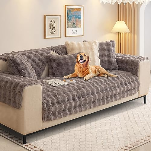SHANNA Kaninchen Plüsch Sofabezug L Form 1/2/3/4 Sitzer Sofa Überzug Ecksofa U Form, Neue Universelle rutschfeste Sofaschoner, Superweiche SofaÜberwurf aus Kunstpelz für Wohnzimmer(Grau, 70 * 150 cm)