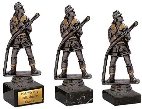 eberin · Feuerwehr Pokale mit Wunschtext · Wanderpokal · Resinfigur Feuerwehrmann Altsilber/Gold auf Marmorsockel · FFW Pokal in 3 Größen erhältlich ·