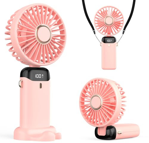 Refluxe Portable Handheld Fan, 4200mAh USB Fan with LED Display, 3-in-1 Handheld/Neck/Desktop Fan, 90° Adjustable Foldable, for Summer, Office, Bedroom, Travel, Gifts for Adult & Kid (Pink)