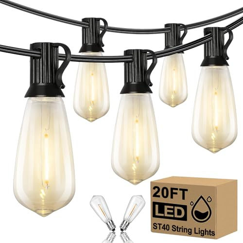 Konictom 20FT LED Outdoor String Lights,Edison Lights Outdoor String with 22 Shatterproof ST40 Vintage Edison Bulbs,Outside Lights Waterproof for Outside Backyard Porch,Garden,Black