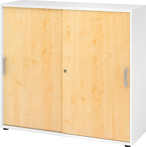 bümö Schiebetürenschrank 3OH - Aktenschrank abschließbar, Sideboard Schrank mit Schiebetüren in Weiß/Ahorn, Chromgriff - Büroschrank aus Holz mit Schiebetür, Büro Kommode für Ordner & Co.