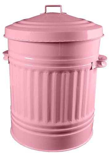 KetoPlastics Baby Pink Metal Bin with Dustbin Lid - Strong Steel 30L Bin Ideal for Home, Kitchen, Outdoor/Indoor Use, Animal Feed, Pet Food