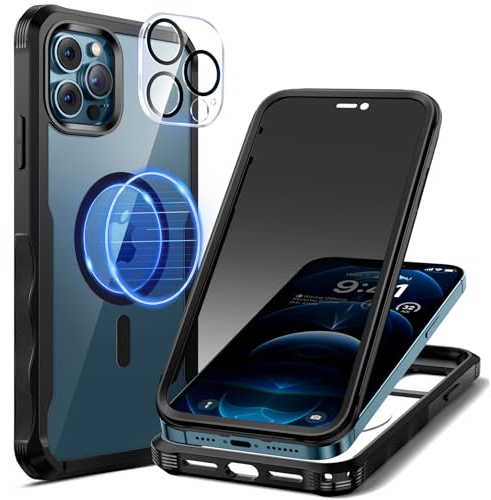 seacosmo Magnetic for iPhone 12 Pro Max Case with Privacy Screen Protector | Compatible with MagSafe, Camera Lens Protector, Full Body Bumper Military-Grade Drop Protection Shockproof Phone Cover, Black