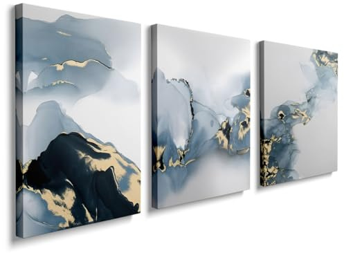 3 Panels Wooden Framed Wall Art Blue and Gold Marble Abstract Painting on Canvas Prints Poster Pictures for Living Room Bedroom Bathroom Home Office Wall Decoration Ready To Hang (30 x 40 cm), YH099