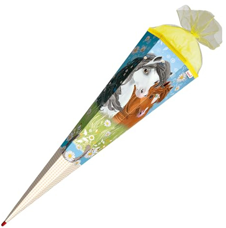 ROTH School cone flower horses 85 cm large, round sugar cone with tulle closure, gift packaging for school enrolment