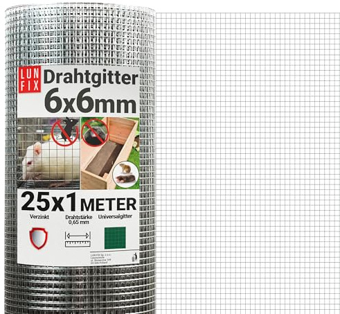 Drahtgitter feinmaschig 6x6 mm 0,65 mm 1x25 m 100x2500 cm Hasendraht | Wühlmausgitter Kaninchendraht Maschendrahtzaun Volierendraht Rödeldraht Kaninchenzaun Metall Hasengitter