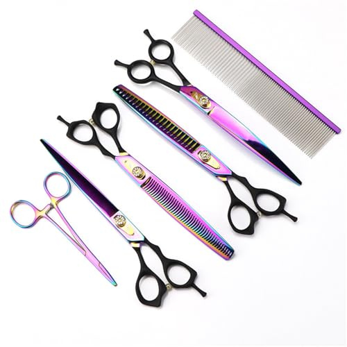 8,0 Hundeschere Set 7 in 1 Fellschere Set für Hunde - gerade gebogene Hundeschere 16/36 Zähne Effilierschere für Hunde mit ergonomischem Griff für Haustier Fellpflege