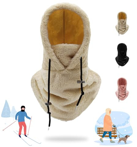sesameless Winter Hat with Mask for Women,Warm Face Cover Hat with Neck Scarf,Sherpa Hood Ski Mask for Outdoor Sports Cycling (Khaki)
