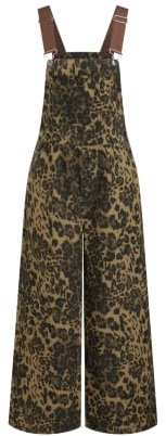 CIDER Overalls for Women Leopard Pocket Buckle Up Wide Leg Jumpsuit, Tan, Medium