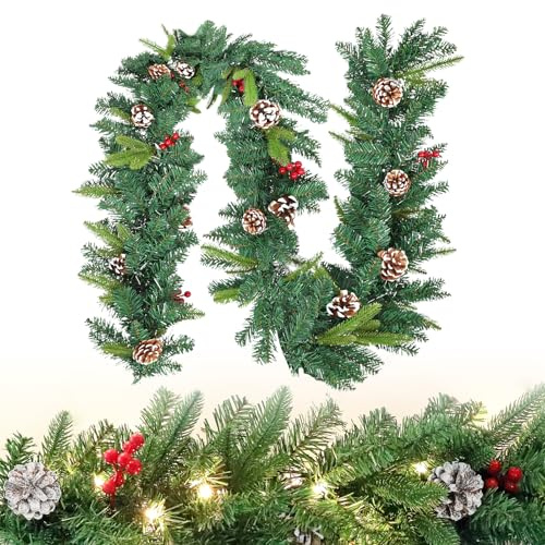 FIVMEN Weihnachtsgirlande mit Beleuchtung 500 cm Tannengirlande Weihnachtskranz Türkranz Weihnachten Stecker Stromversorgung mit Tannenzapfen Rote Beere Weihnachtsdeko Aussen