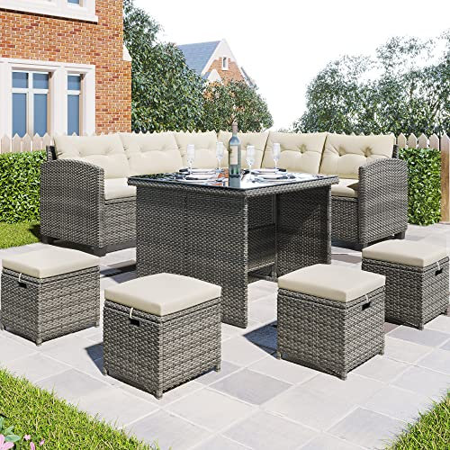 Gartenmöbel-Set mit Esstisch, Stühlen und Ottomanen, 8-teiliges Allwetter-Rattan-Sofa-Set für Hof, Pool oder Hinterhof, Beige