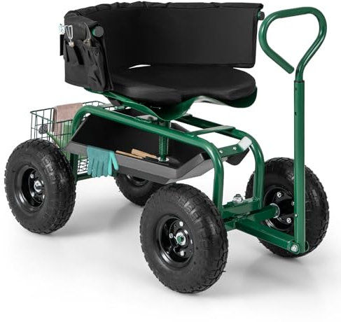 COSTWAY Rolling Garden Cart, Height Adjustable Swivel Gardening Stool Trolley with Tool Tray & Basket, Gardener Planting Workseat Scooterfor Patio Lawn Yard (90x61x60-70cm,with Handle&Cushion,Green)