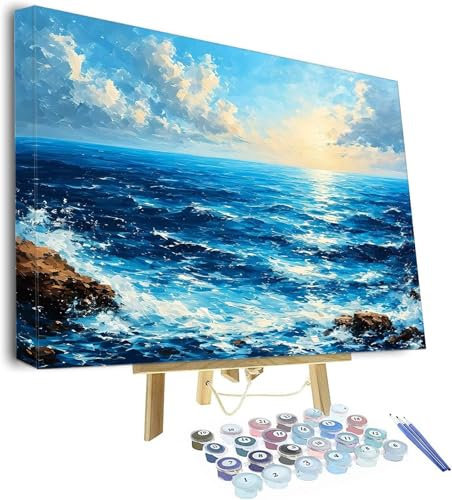 Malen Nach Zahlen Erwachsene, Blau Paint by Numbers Adult, Wellen DIY Handgemalt Ölgemälde Mit 3 - Pinseln und Acrylfarbe Knitterfreie Leinwand Kit, Wand Deko Bilder Ohne Rahmen, 120x80cm P-745