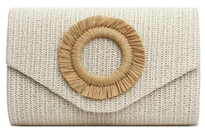 HuiYStar Bolso de mano de paja para mujer, bolso de playa de verano, bolso de noche tipo sobre para fiestas formales, bodas 2025, beige
