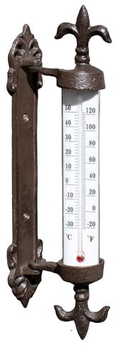 Cast Iron Fleur-de-Lis Wall Thermometer Antique Brown Window Frame Garden Decor, 30.5cm Height