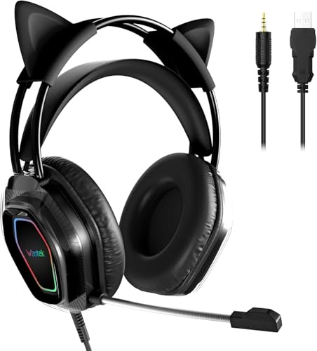 Wantek Cute Cat-Ear Gaming Headset - 50mm Drivers, Noise-Cancelling Mic, 3.5mm Wired Connectivity, Stylish & Lightweight Design for Xbox Ps4&5 (Black)