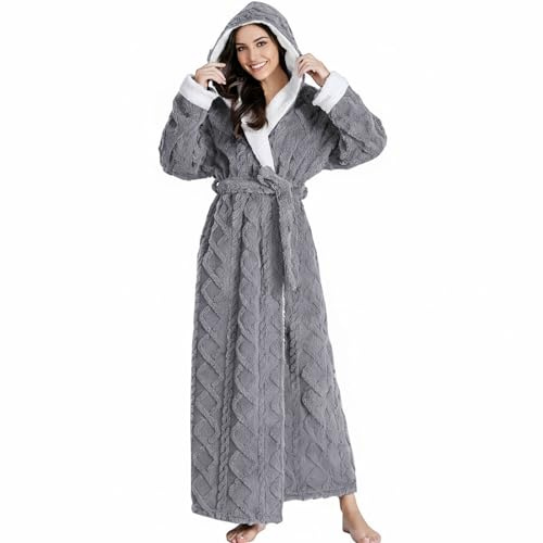 PUTUO Bademantel Damen Lang mit Kapuze: Flauschig Morgenmantel aus dicker Microfaser Fleece für Frauen – Kuscheliger Plüsch Saunamantel für Winter – Weich & Warm in L Grau