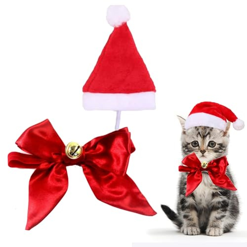 Weihnachtsmütze Hund Katzen Halsband Glocken, Weihnachtskostüm Hund | Katzenkostüm Weihnachten Hundekostüm Rote Schleifen Halsbänder Weihnachtsmannmütze Katzenbekleidung Outfit Kostüm Accessorie