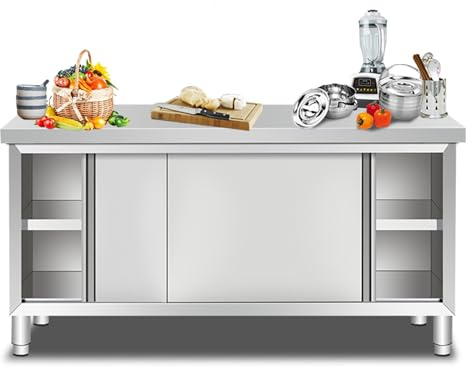 Îlot de Cuisine Professionnel - Établi en Acier Inoxydable, Meuble de Rangement Multifonctionnel avec Portes coulissantes, Grande Table de préparation pour la Cuisson, Le hachage et la prépa