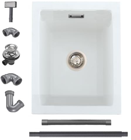 iAnomla Quartz Kitchen Sink 30x40cm/12x16 in, Composite Inset/Undermount Kitchen Small White Sink Waste Kit,Single Bowl Commercial with Overflow, Suitable for Workstation | Square Kitchen Sink, Granite Sink, White, Modern Built-in Sink Set for 40 cm, 1 Sink with Siphon