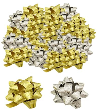 JEKRWNOY 50 Stück Geschenkschleife,Selbstklebend Geschenk Schleifen Dekorative Schleifen,Bunt Dekoschleifen Ziehschleifen Schleife Geschenk,Geschenkschleife Set(GoldenSilvery)