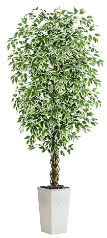 Artificial Ficus Tree Indoor 6FT Fake Plants Large Artificial Plant with Crack White Tall Planter, Green Lifelike Lush Fake Ficus Tree for Home Living Room Bedroom Outdoor Balcony House Office Decor