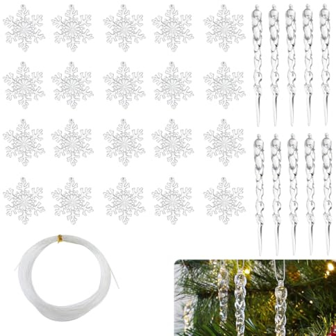 30 Pezzi Decorazione Natalizia Acrilico Fiocco di Neve Ghiaccioli Ornamenti, Ciondolo cristallo trasparente a forma di fiocco neve, adatto per albero di Natale, ghirlande, decorazioni per finestre