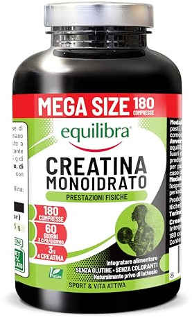Equilibra Creatina Monoidrato, Vegana, 3000mg per dose max die, 180 Compresse, Scorta 2 Mesi, Senza Glutine, Ideale per il Pre Workout, per Uomini e Donne, Senza Coloranti, Senza Lattosio