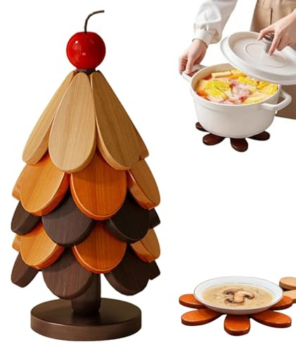Dessous-de-Plat Sapin de Noël | 5 Pièces Dessous-De-Verre en Bois Pliables,sous-Verres De Bureau Résistants À La Chaleur avec Support | pour Plats Chauds Casseroles Poêles Bols Théières Assiette Plan