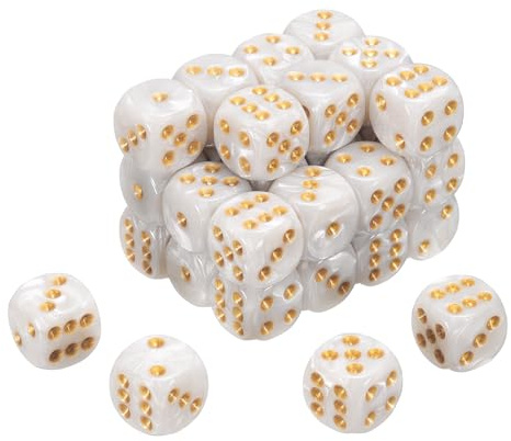 QUARKZMAN 48Pcs Dadi Standard Colorati A 6 Facce 16mm Bianco/Punti Dorati | Set Di Dadi D6 In Acrilico Mini Poliedrici, Con Motivo A Perle, Per Giochi Da Tavolo