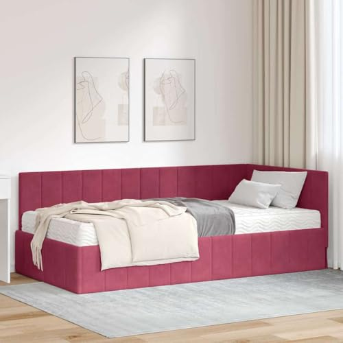 Massbinet Eckbettgestell mit Matratze Polsterbett Schlafsofa Doppelbett mit Ausziehbett Daybett Tagesbett Ladefunktion Jugendbett Kinderbett Gästebett Weinrot 100 x 200 cm Samt