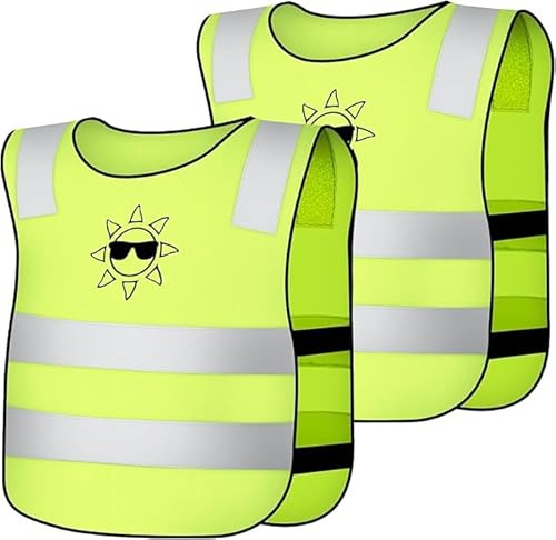 AYBUY 2-pack varselvästar för barn, bilsäkerhetsvästar, reflexjacka för barn, bilsäkerhetsvästar med 360° reflexremsor, säkerhetsvästar för barn för skola, sport och löpning (solmönster)
