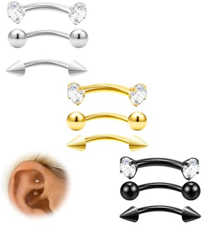 9 Stück Augenbrauen Piercing Titan, 16G Hypoallergen Augenbrauenpiercing Rook Piercing Gold Silber Schwarz Eyebrow Piercing Banane für Damen Herren Zirkonia Helix Tragus Labret Belly Button Piercings