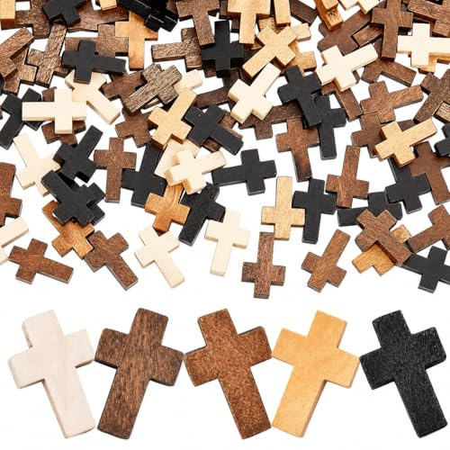 Wooden Cross, 100 Pcs Mini Wooden Crosses Bulk, Small Wooden Cross Charms for Craft, 5 Colours Natural Wood Cross Pendants for Jewellery Making, Christian Gifts, Easter Sunday School Decorations