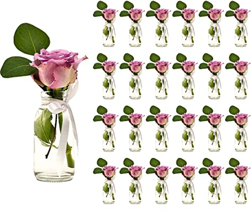 Casavetro 24 x pequeños jarrones Botellas de Cristal C-Deko-TR-Cuello Ancho Incluido Lazo rústico Vintage jarrón de Cristal Transparente Mini de Leche de decoración, Vidrio 24 Stück Weiss