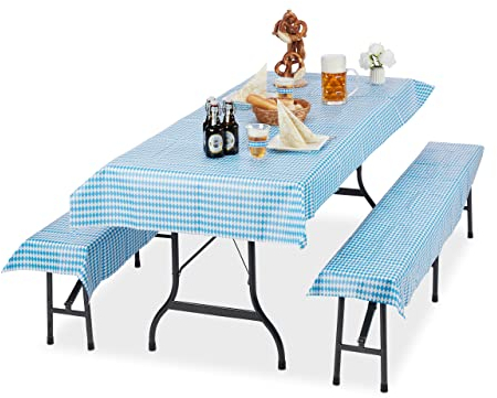Relaxdays Bierzeltgarnitur Auflage, 3er Set, bayrisch, Biertisch Tischdecke 250x100cm, 2 Bierbankauflagen, weiß-blau